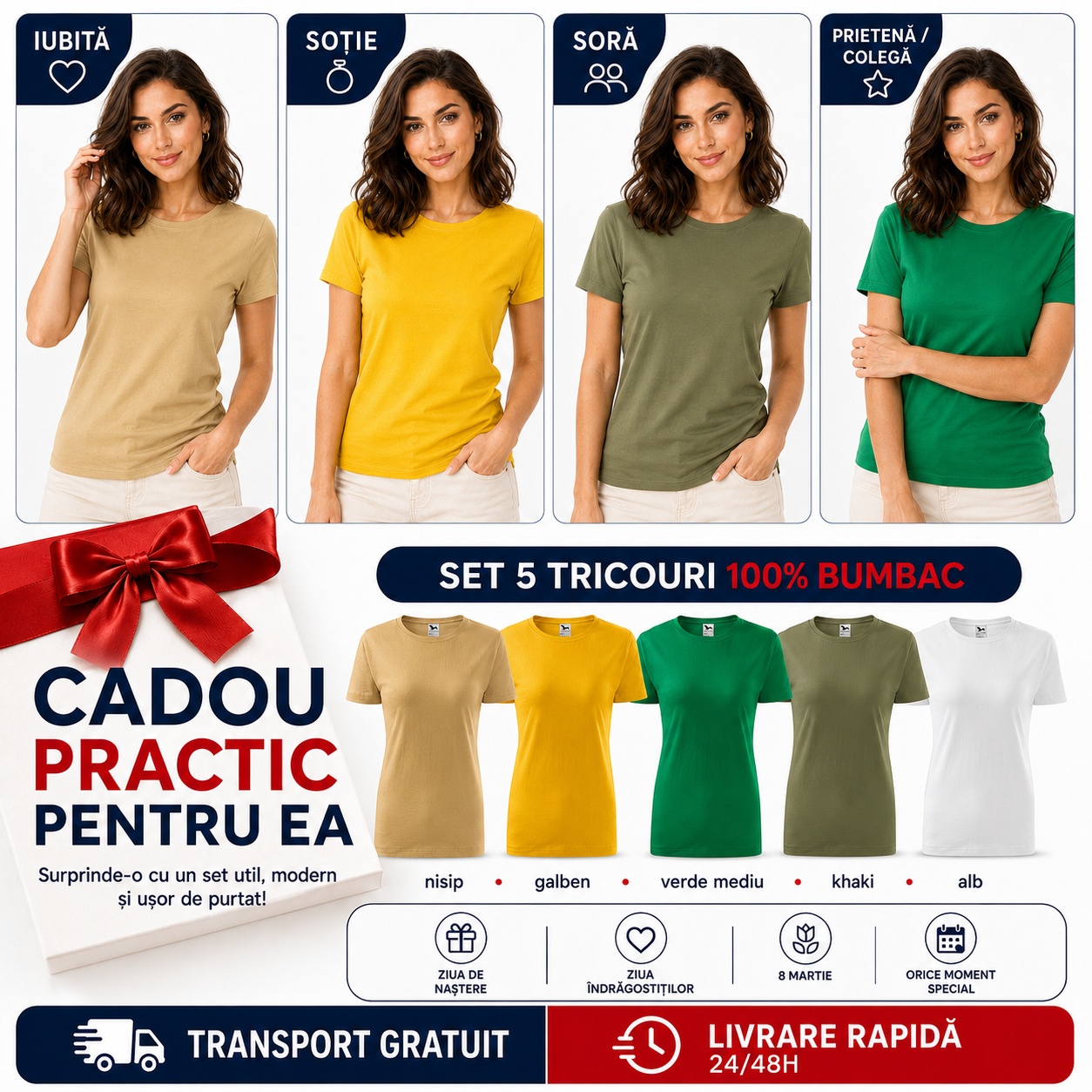 Set 5 tricouri damă cadou pentru iubită soție soră prietenă colegă