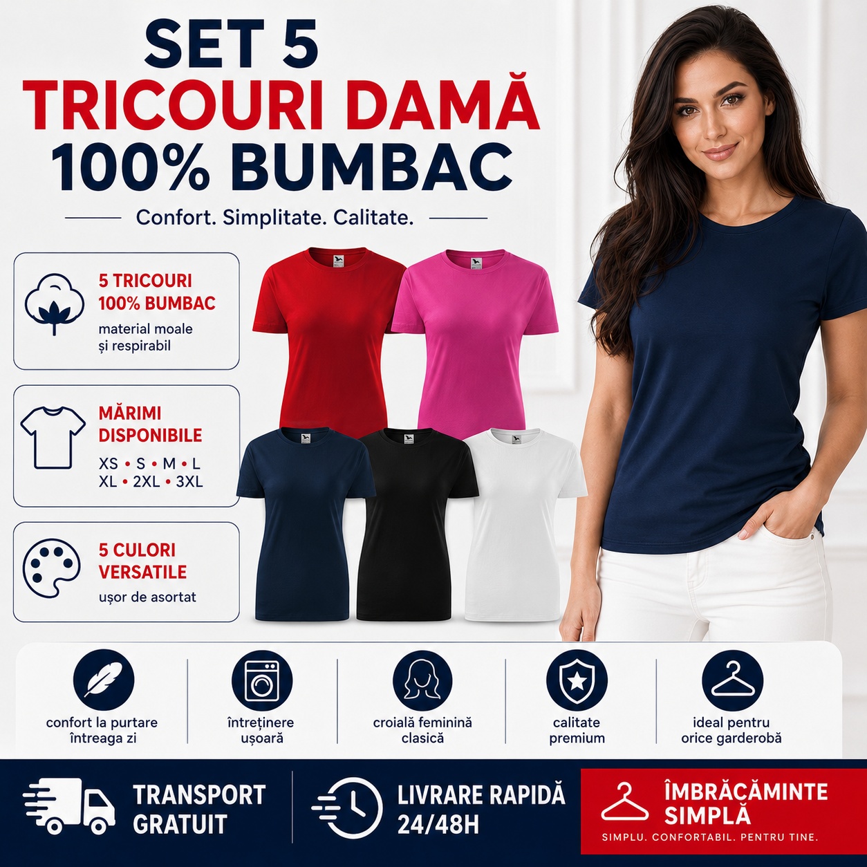 Set 5 tricouri damă 100% bumbac confort simplitate calitate