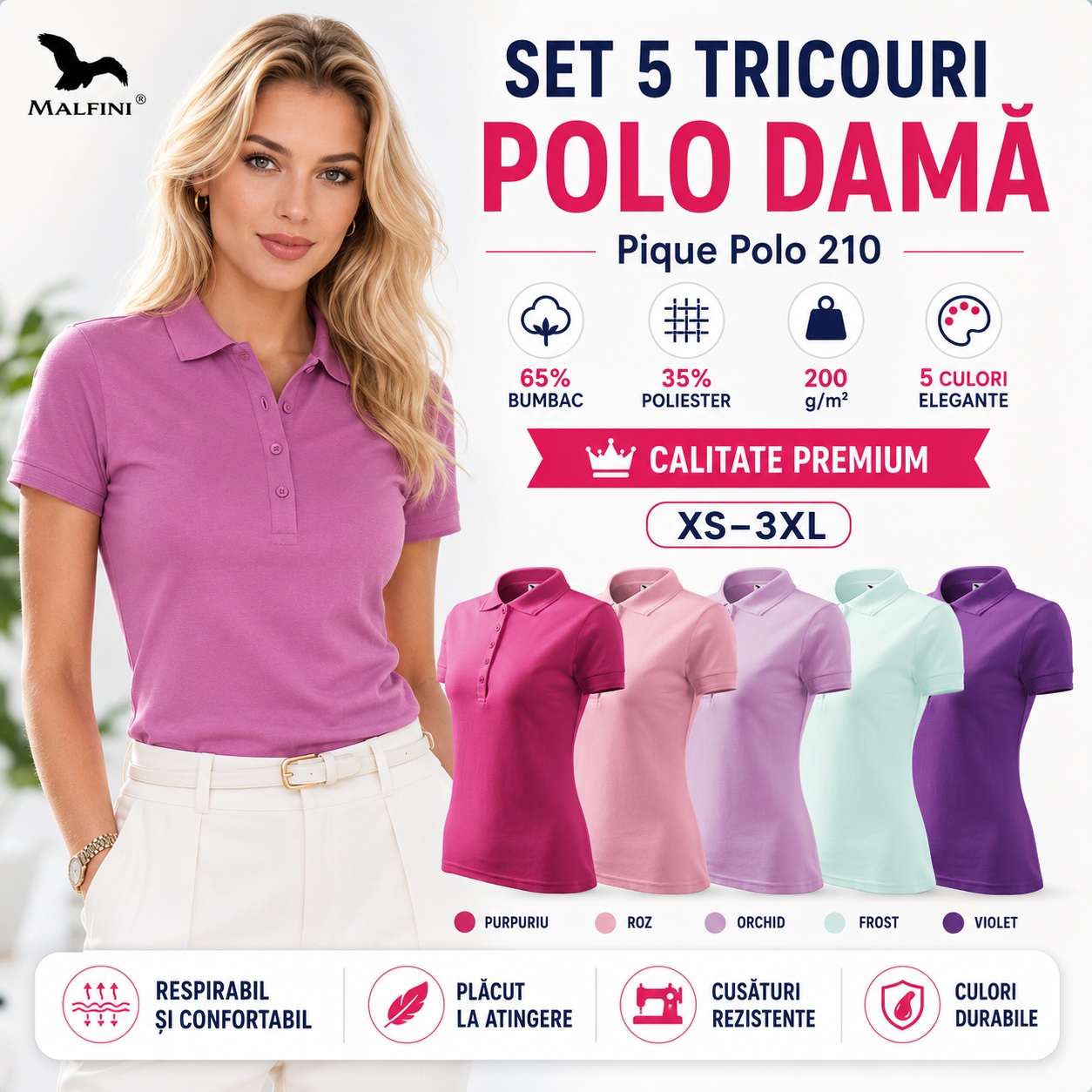 Set 5 tricouri polo dama Malfini calitate premium 65 bumbac 35 poliester culori purpuriu roz orchid frost violet
