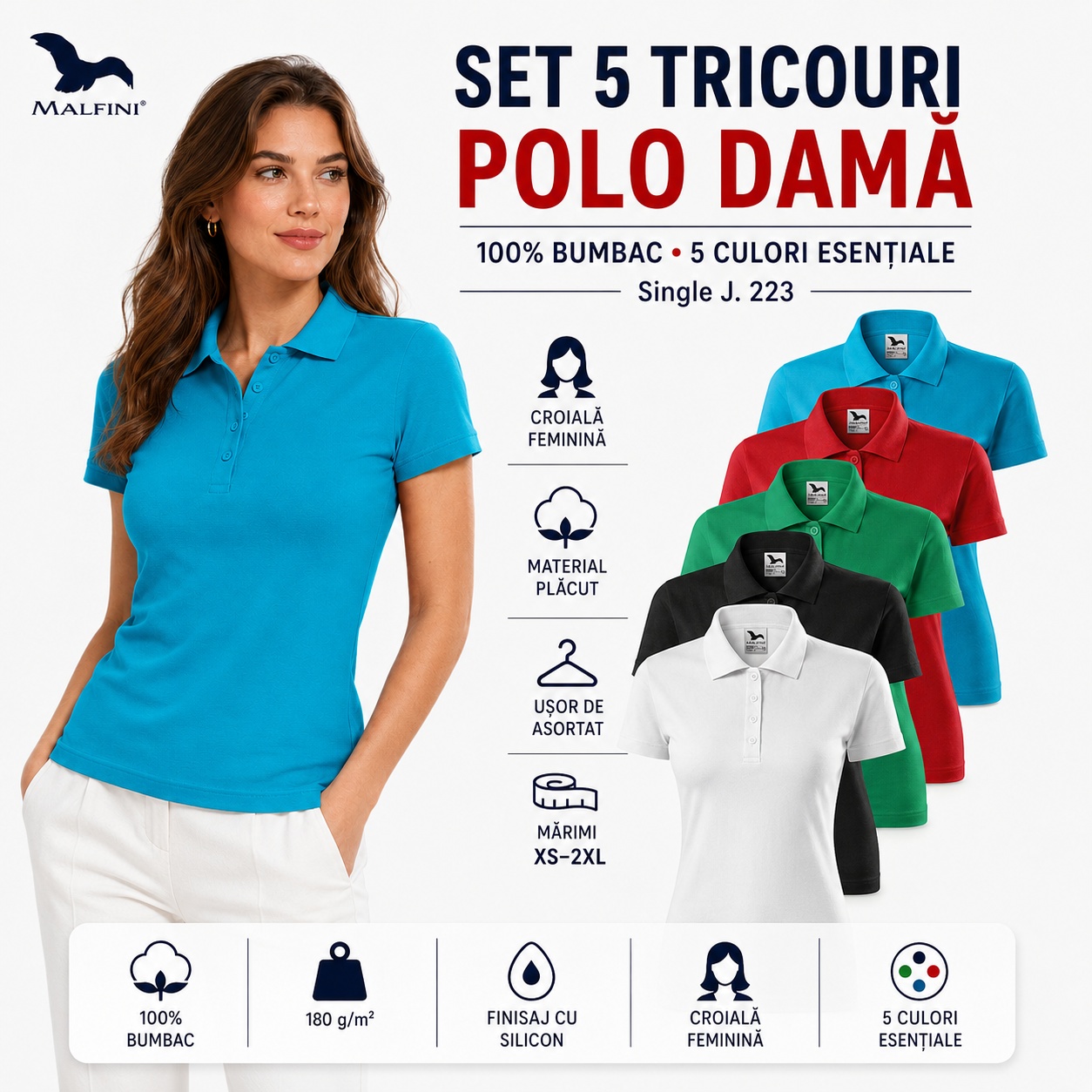 Set 5 tricouri polo damă Malfini bumbac 100% croială feminină mărimi XS 2XL