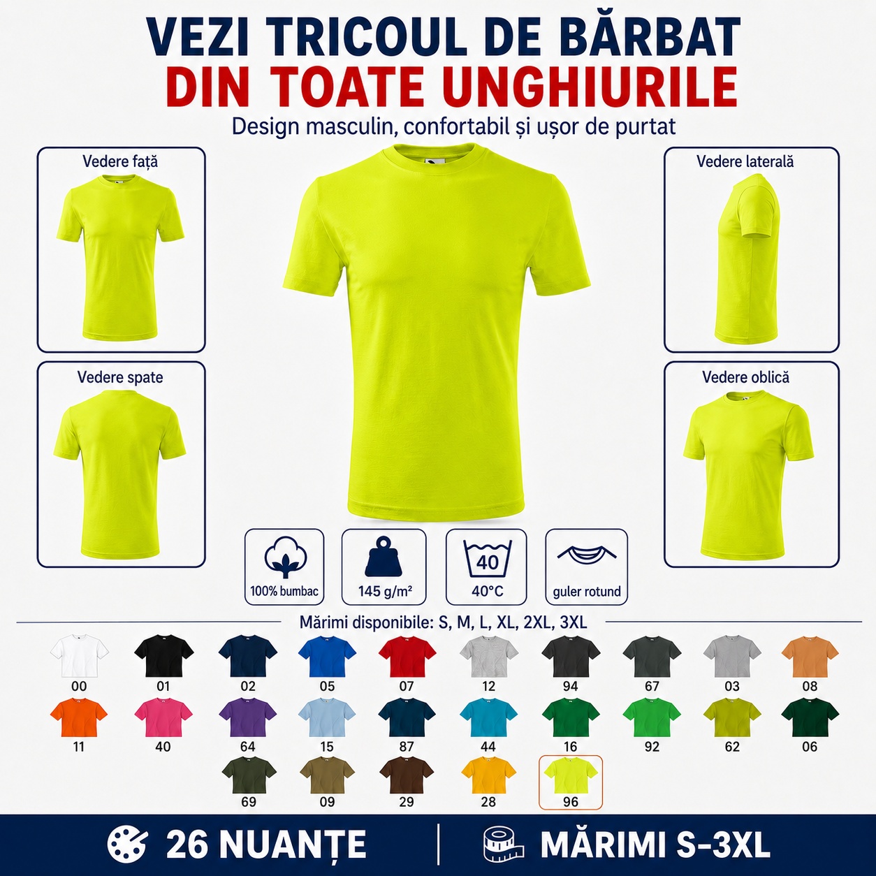 Tricou Bărbat 132 Classic New din Toate Unghiurile Tricou bărbat 132 Classic New văzut din față, spate, lateral și oblic, design masculin confortabil