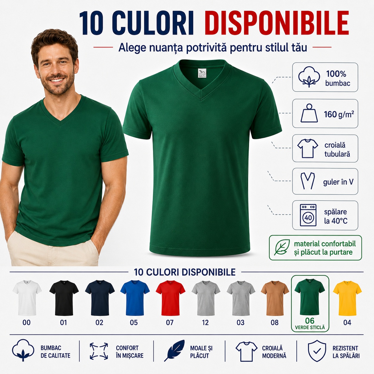 10 culori tricou bărbat Malfini 102 Paleta de culori pentru tricoul bărbat unisex Malfini 102
