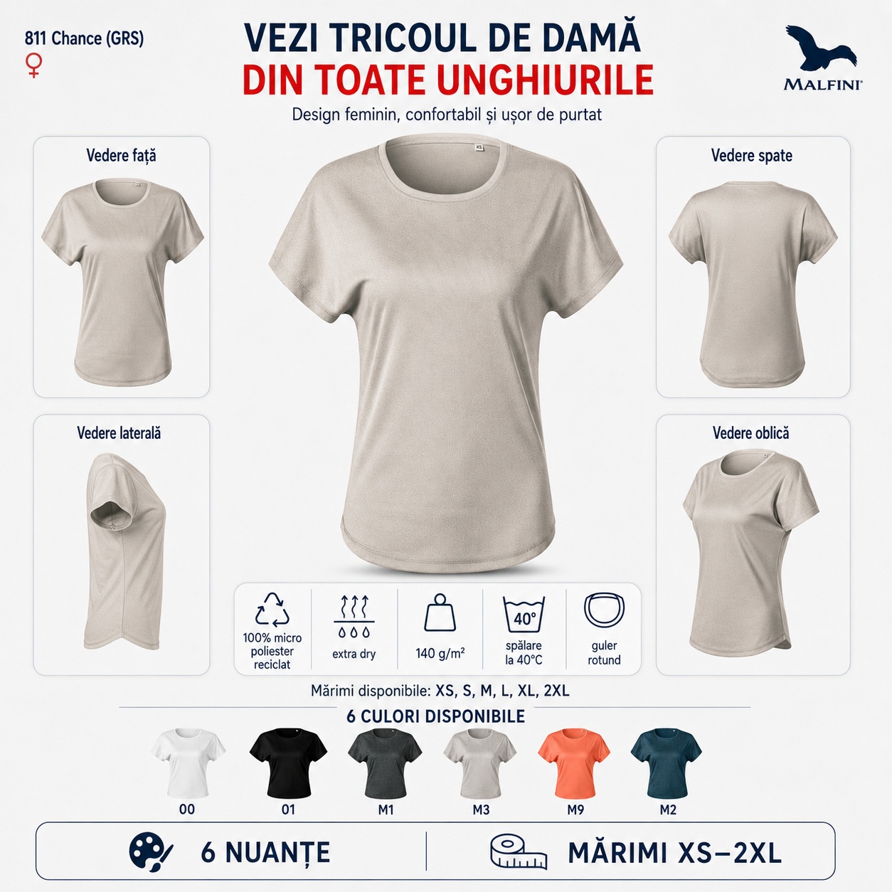 Tricou damă Malfini Chance GRS 811 văzut din față, spate, lateral și oblic