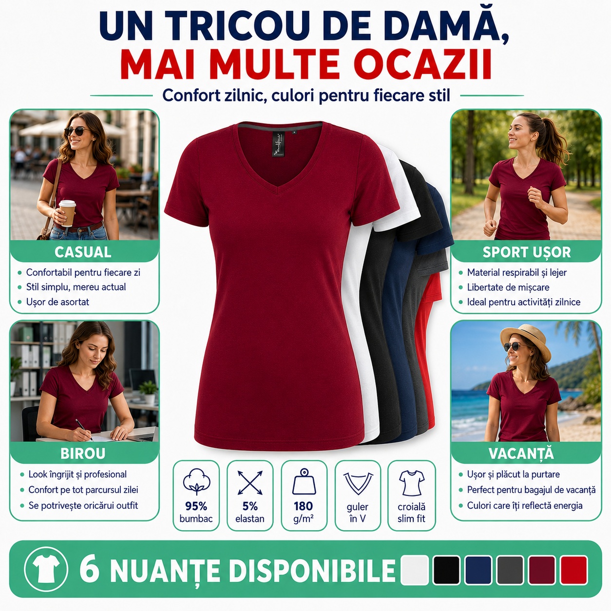 Tricou damă Malfini Premium - mai multe ocazii de purtare Tricou damă Malfini Premium Action V-Neck 701 pentru ținute casual și smart-casual