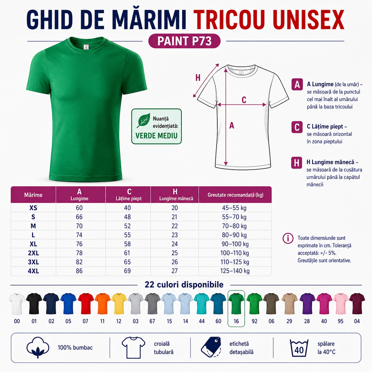 Ghid de mărimi tricou unisex Paint P73 XS S M L XL 2XL 3XL 4XL