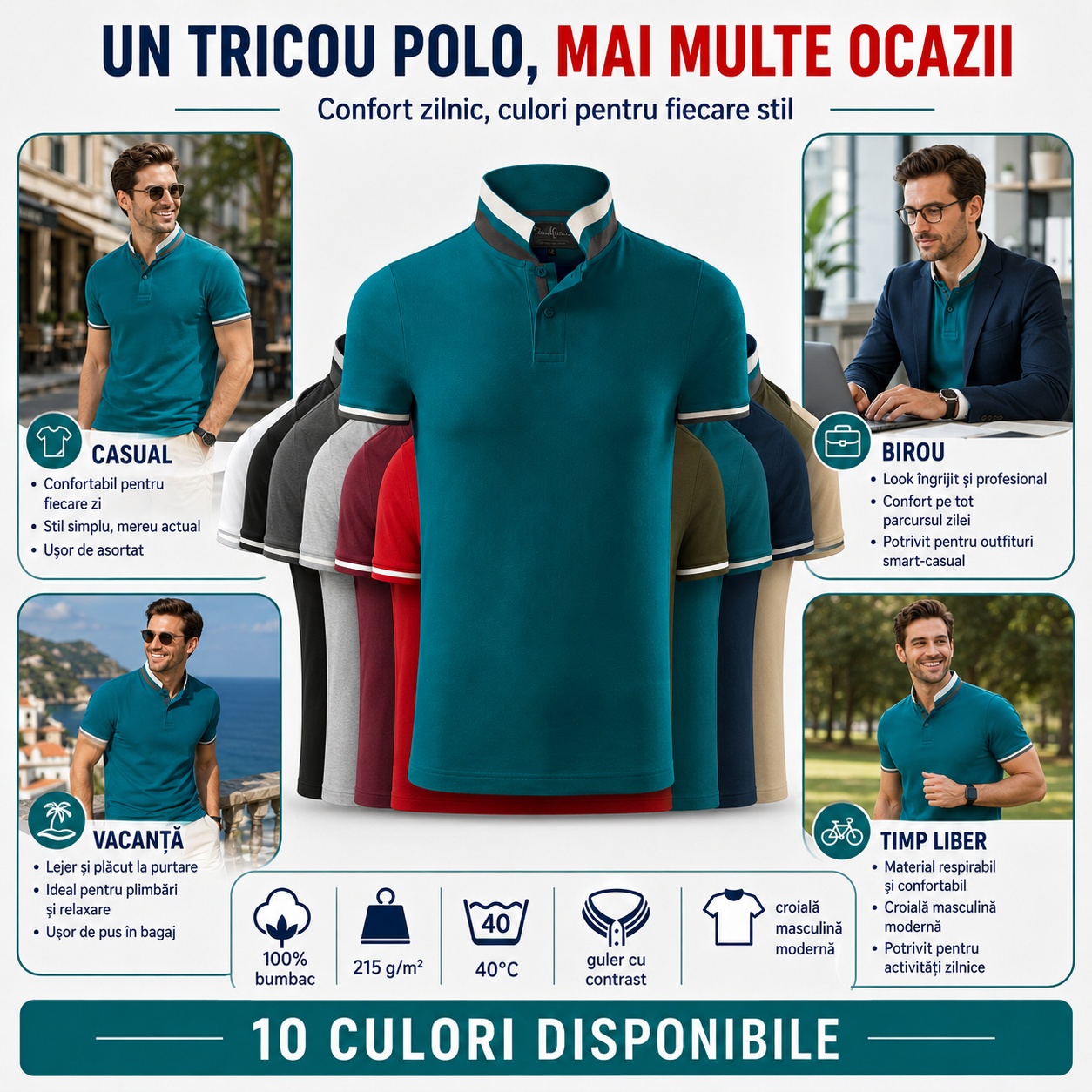 Tricou polo bărbați 256 Collar Up pentru casual, birou, vacanță și timp liber, 10 culori disponibile