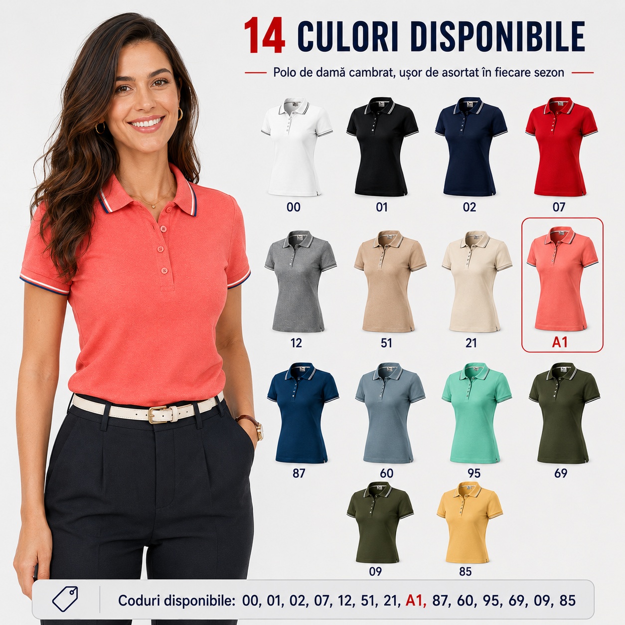 Tricou polo damă coral - 14 culori disponibile
