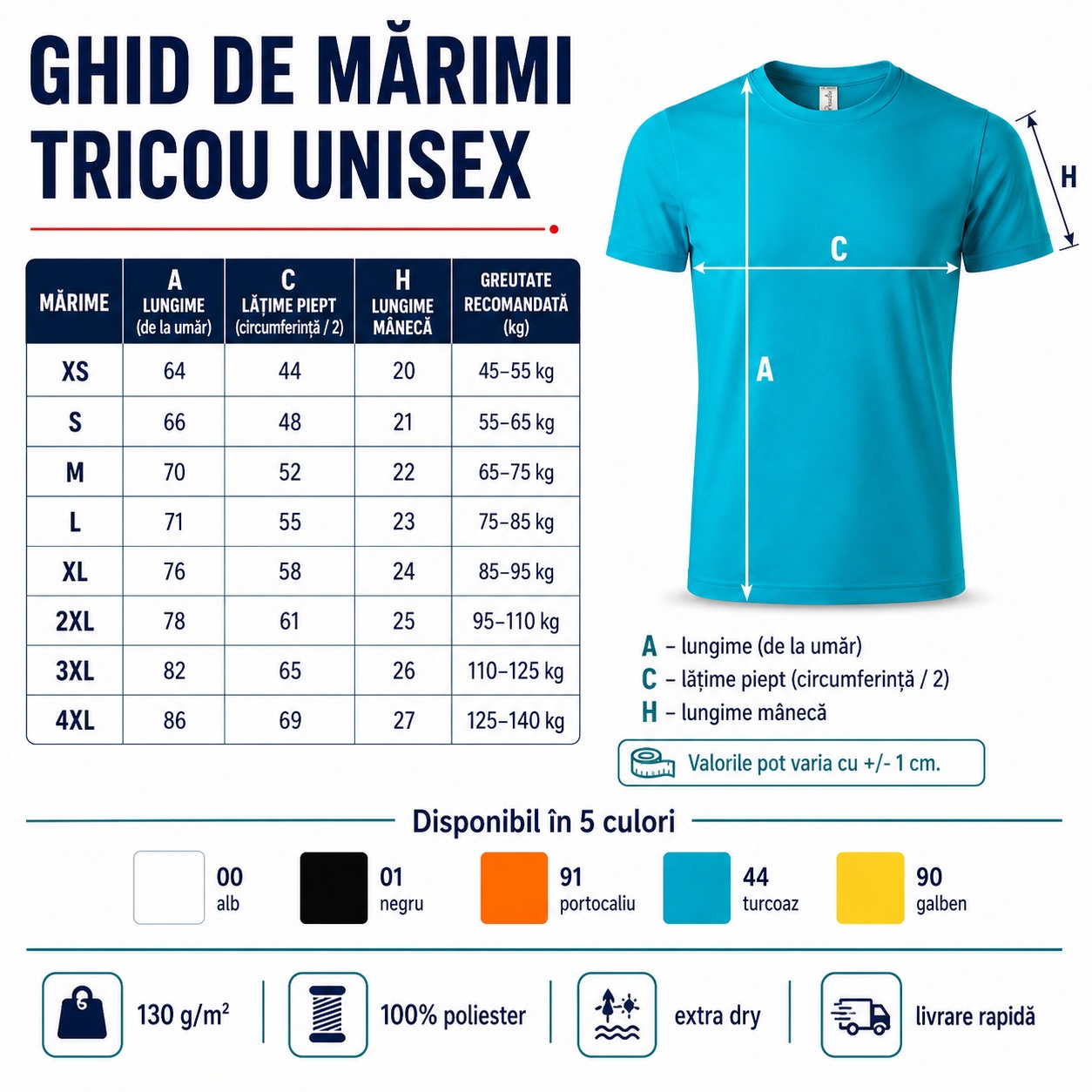 Ghid de mărimi tricou sport Extra Dry Ghid de mărimi tricou sport unisex Extra Dry XS până la 4XL
