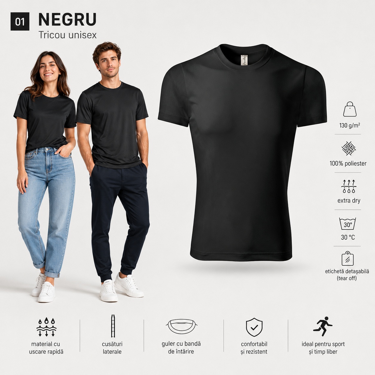 Tricou sport Extra Dry negru cod 01 Tricou sport unisex Extra Dry negru cod 01
