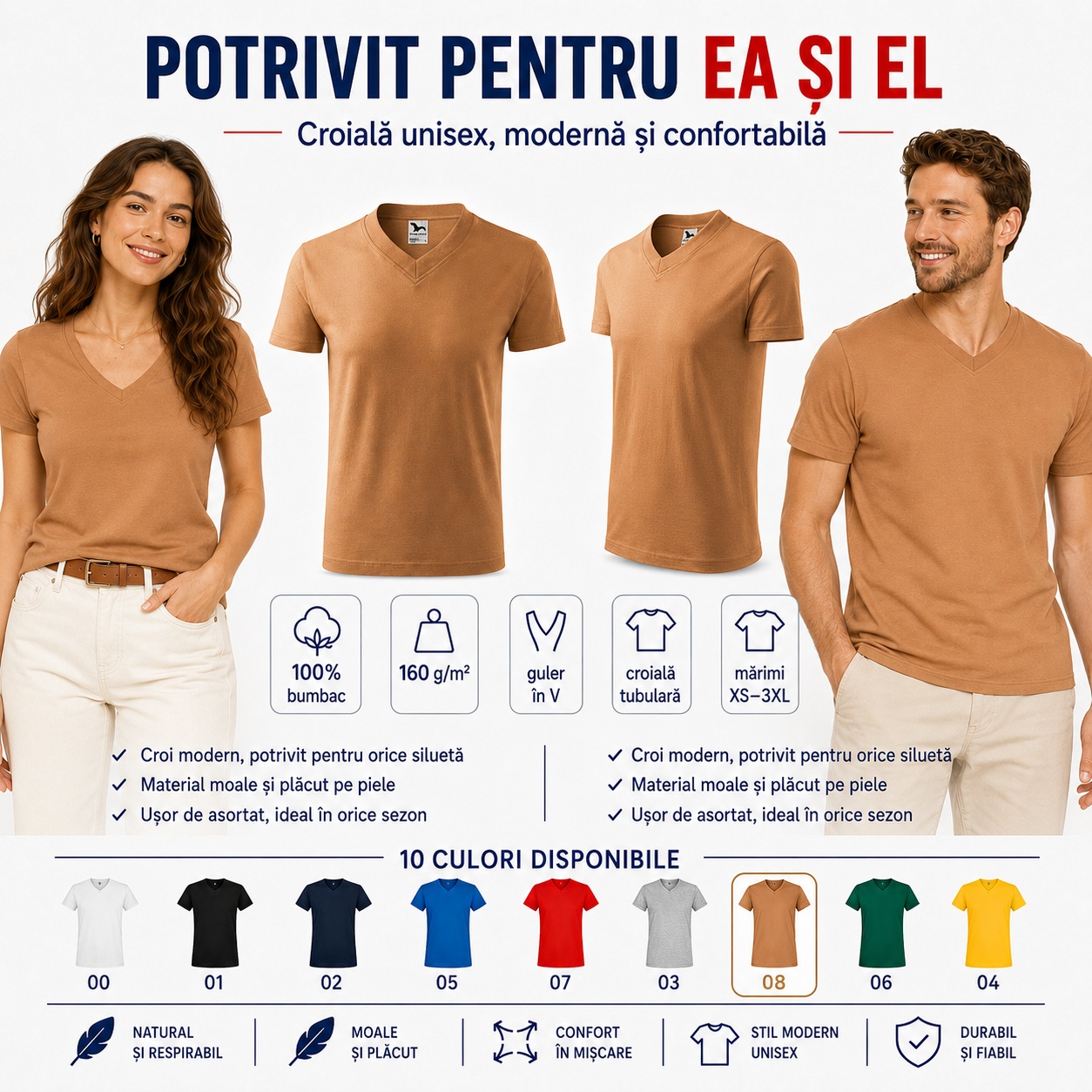 Tricou cu guler în V pentru ea și el Tricou unisex cu guler în V potrivit pentru damă și bărbat