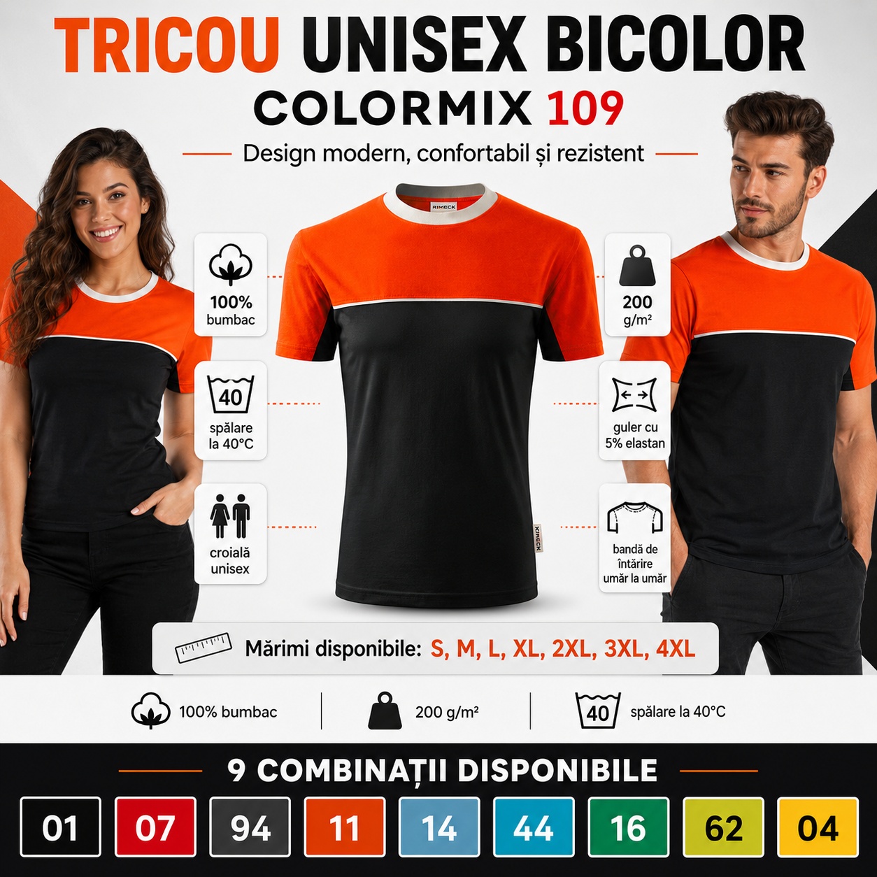 Tricou unisex bicolor Rimeck 109 Colormix Tricou unisex damă și bărbat Rimeck 109 Colormix, bicolor portocaliu și negru, 100% bumbac