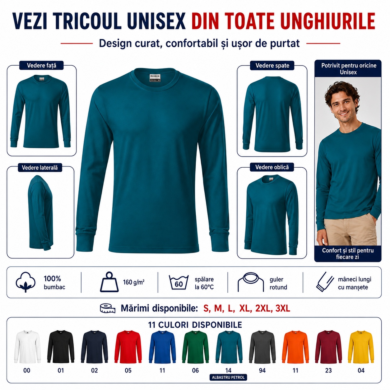 Tricou Rimeck văzut din toate unghiurile Tricou unisex Rimeck văzut din față, spate, lateral și unghi oblic