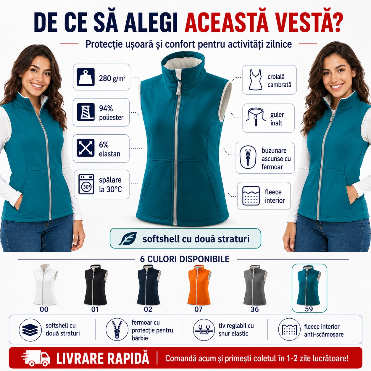 Detalii funcționale vestă softshell femei Vision 516 Detalii vestă softshell damă Vision 516 cu fleece interior și fermoar