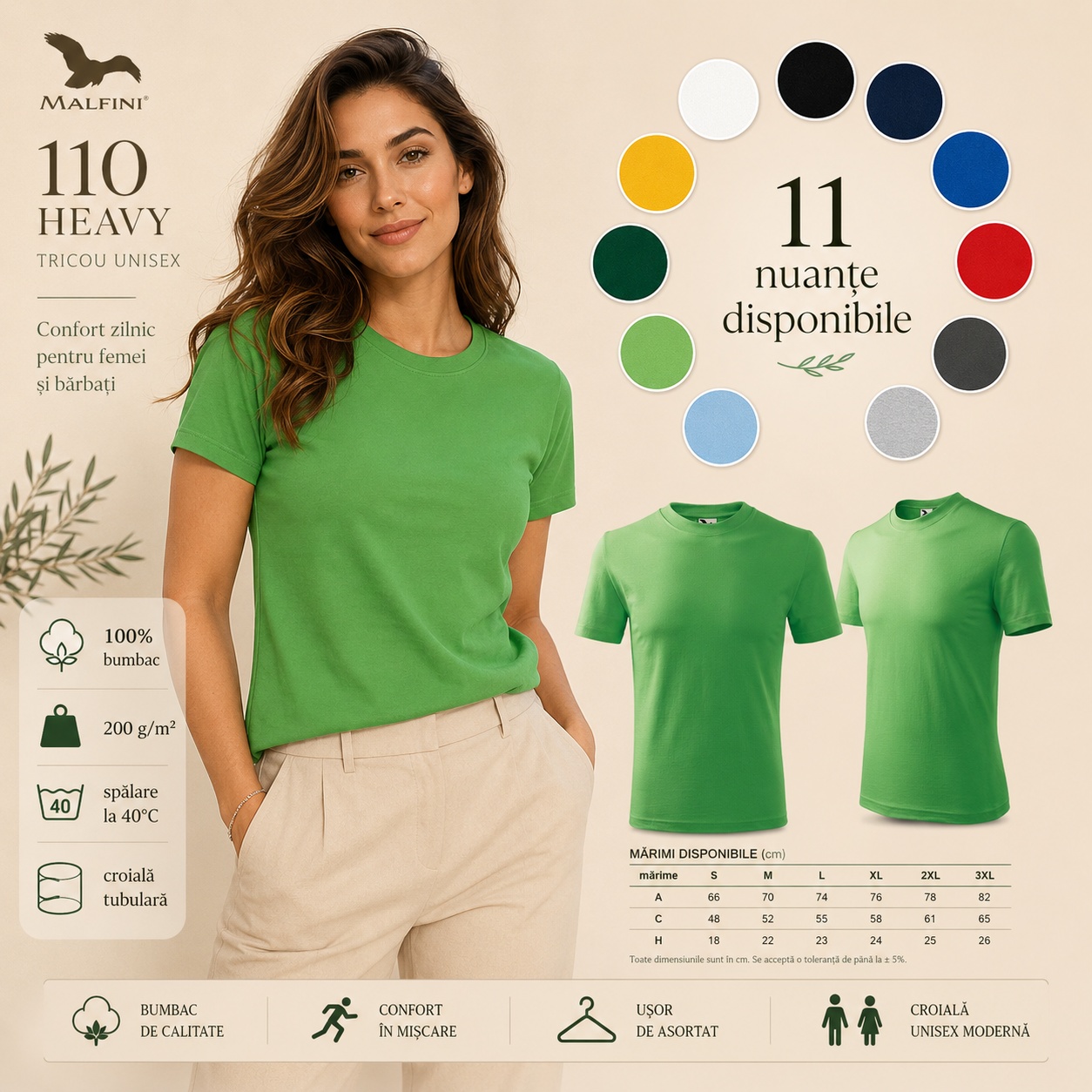 Tricou unisex Heavy 110 11 nuanțe disponibile pentru femei și bărbați 100% bumbac 200 g mp