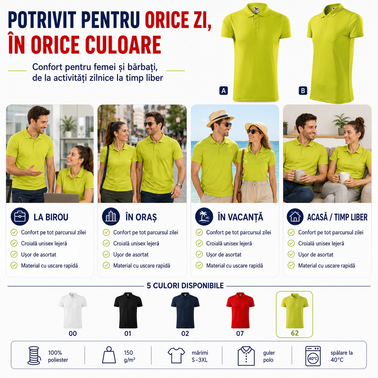 Polo unisex potrivit pentru orice zi și ocazie Tricou polo unisex pentru birou, oraș, vacanță și timp liber