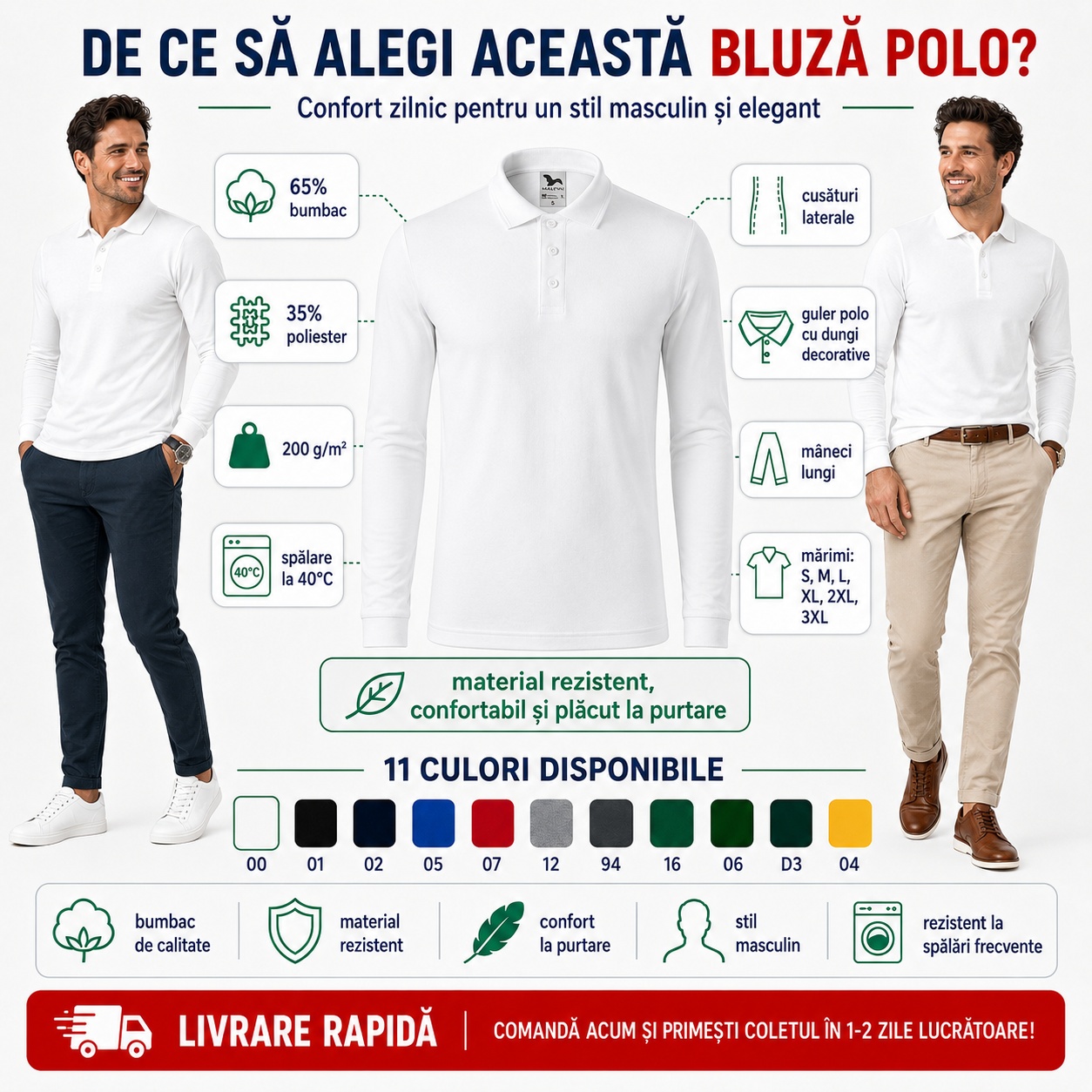 Bluză cu guler polo tip Tommy pentru bărbaÈ›i, mânecă lungă, 65% bumbac, material rezistent