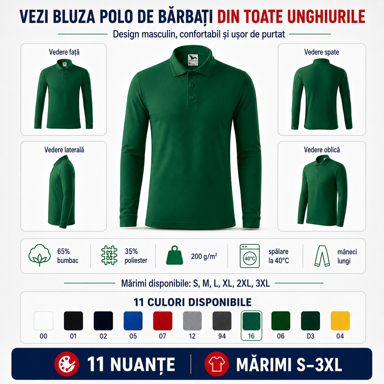 Bluză polo bărbați Malfini Pique Polo LS 221 văzută din toate unghiurile