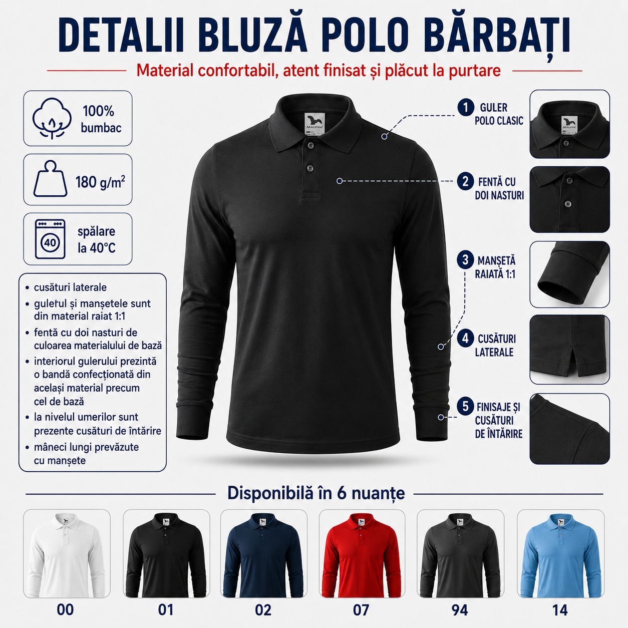 Detalii bluză polo bărbați, guler tip Tommy, fentă cu doi nasturi și manșete