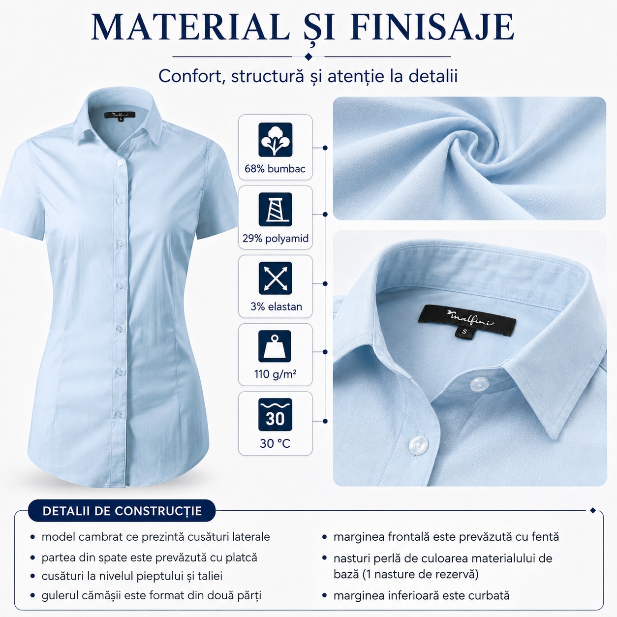 Material și detalii de construcție Malfini 261 Flash Material și finisaje cămașă damă Malfini 261 Flash 68 la sută bumbac