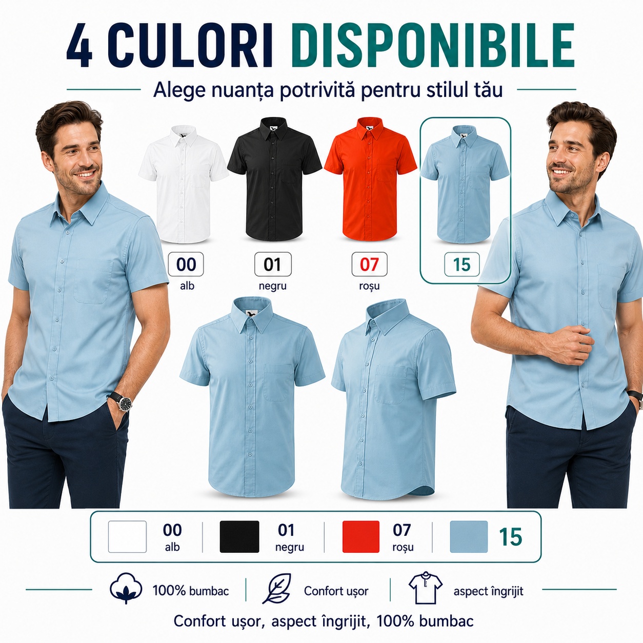 Cele patru culori disponibile pentru cămașa de bărbați Malfini 207: alb, negru, roșu și albastru deschis