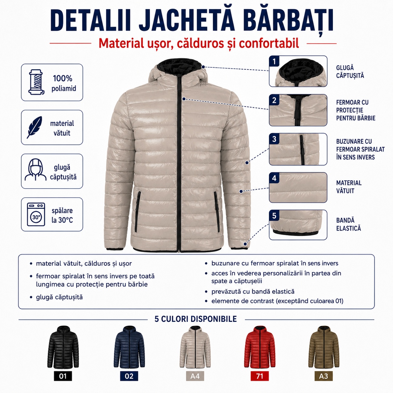 Geaca matlasata barbati Everest 552 detalii material si accesorii