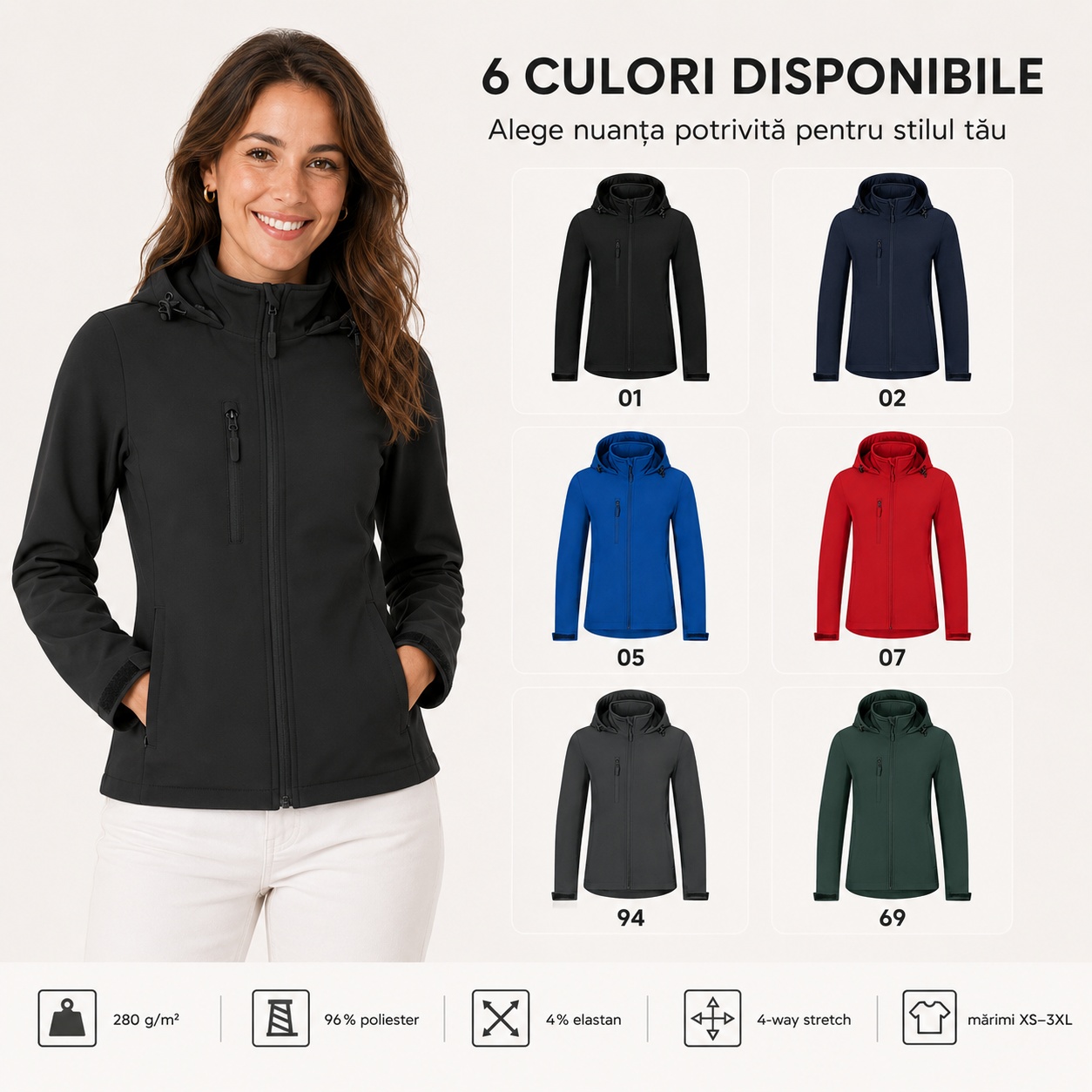 Geacă damă tip jachetă softshell cu glugă Trail 549 elastică și călduroasă