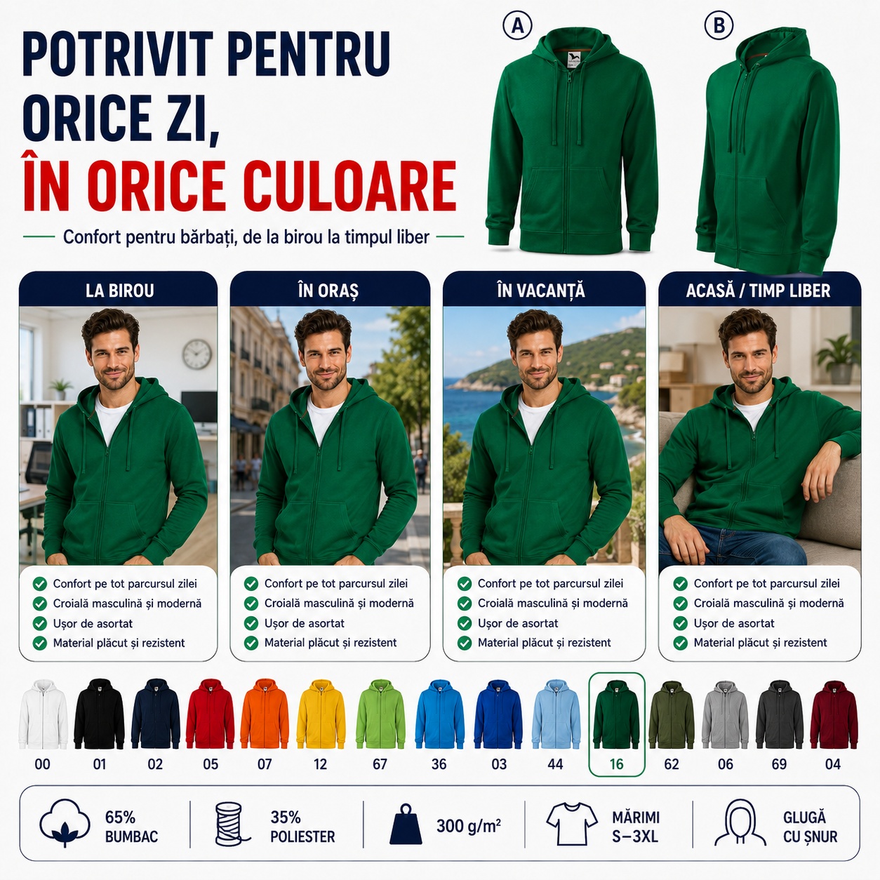 Detalii hanorac bărbați Malfini 410 cu fermoar glugă buzunare și interior pieptănat