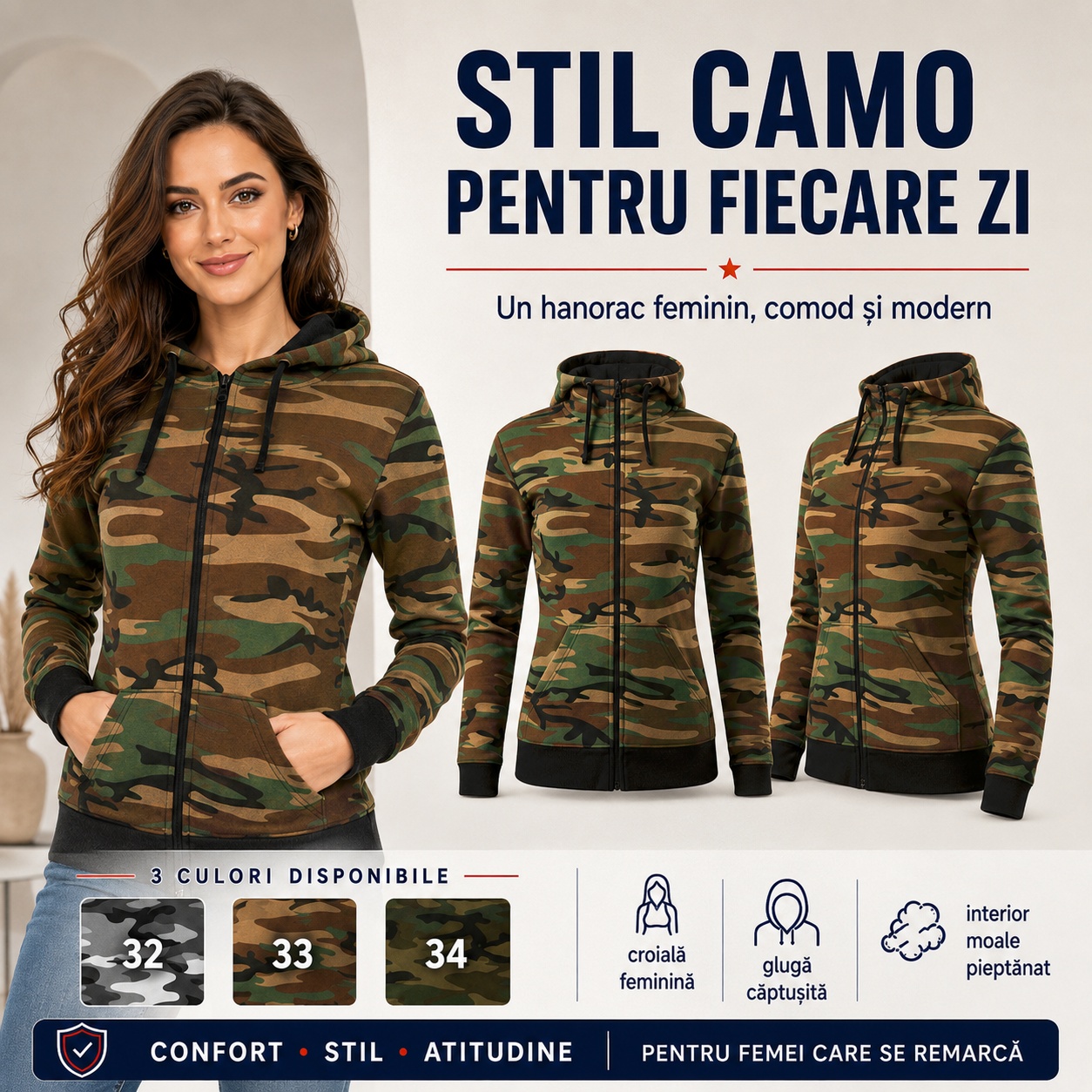 Hanorac camuflaj femei Malfini C20 pentru oraș și timp liber