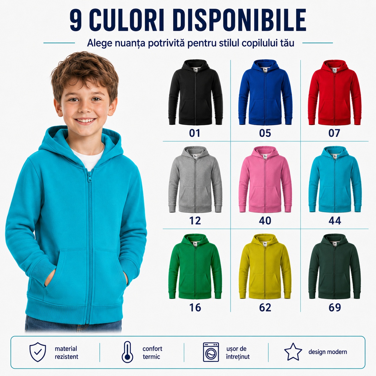 Cele 9 culori disponibile pentru hanoracul de băiat sau fată