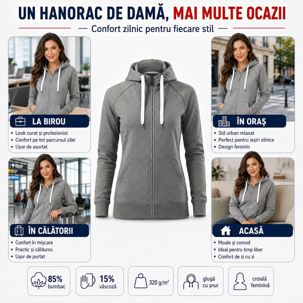 Hanorac damă cu fermoar Voyage pentru birou oraș și călătorii