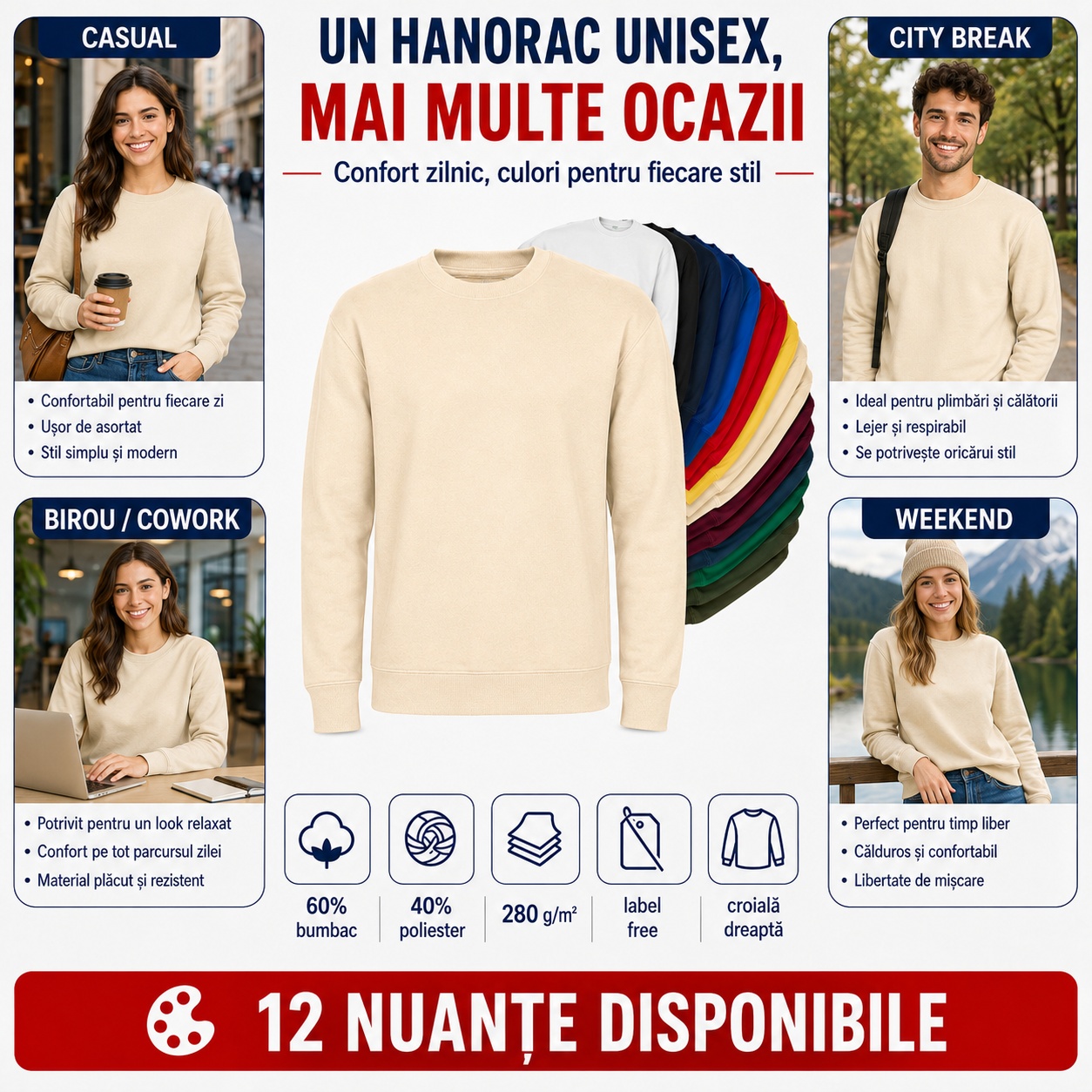 Hanorac tip bluză unisex casual pentru city break, cowork și weekend