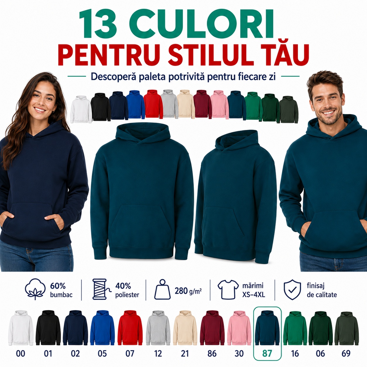 Hanorac unisex damă și bărbați în 13 culori, 60% bumbac și 280 g/mp