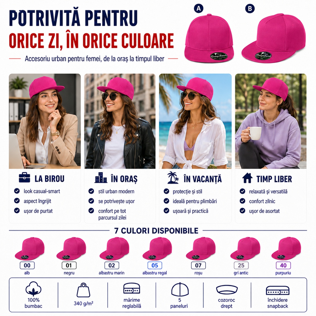 Șapcă damă RAP pentru diferite ocazii Șapcă damă RAP pentru birou, oraș, vacanță și timpul liber