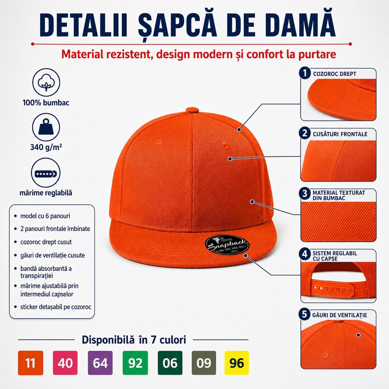 Detalii șapcă damă snapback Rap 6P 302 din bumbac