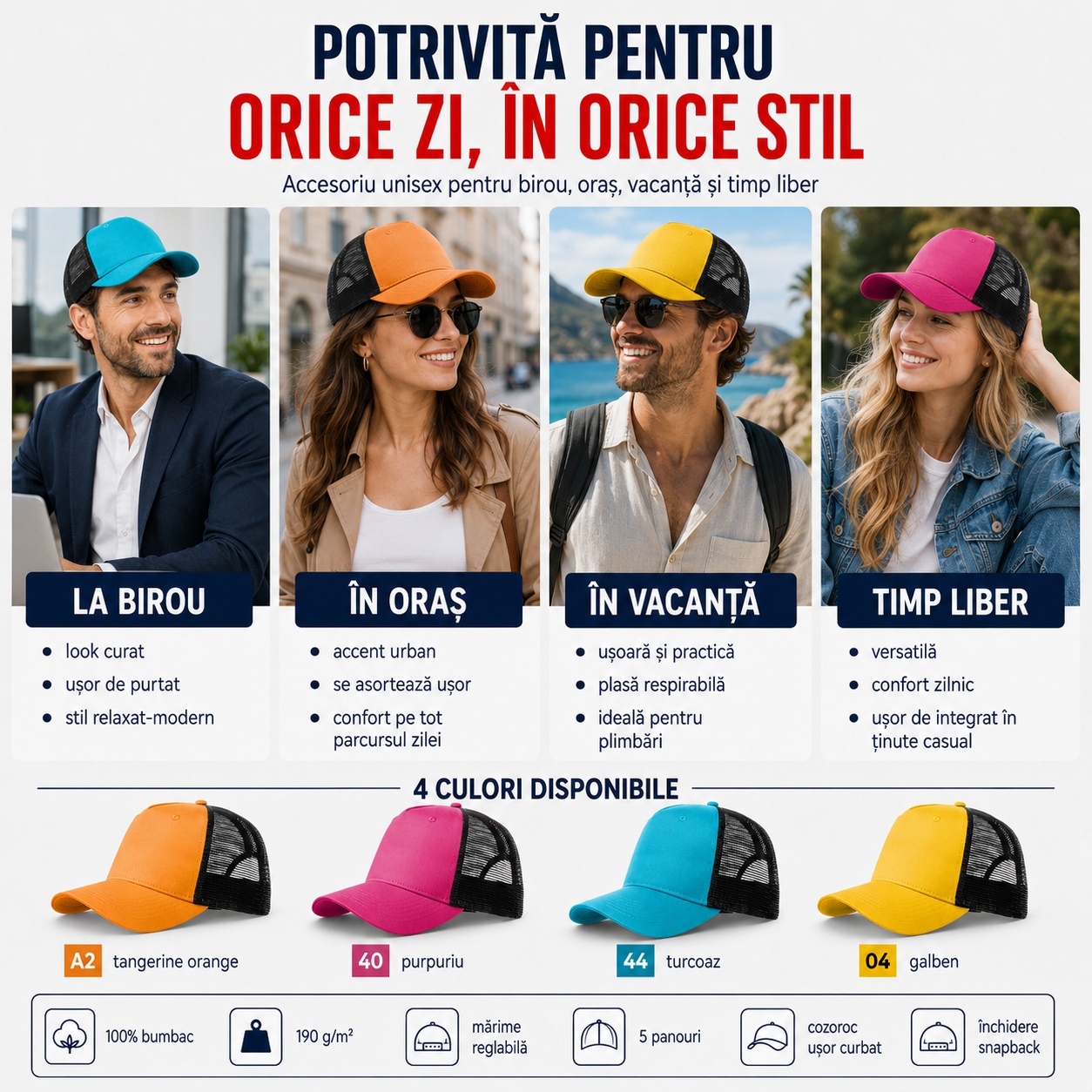 Șapcă trucker pentru birou, oraș, vacanță și timp liber
