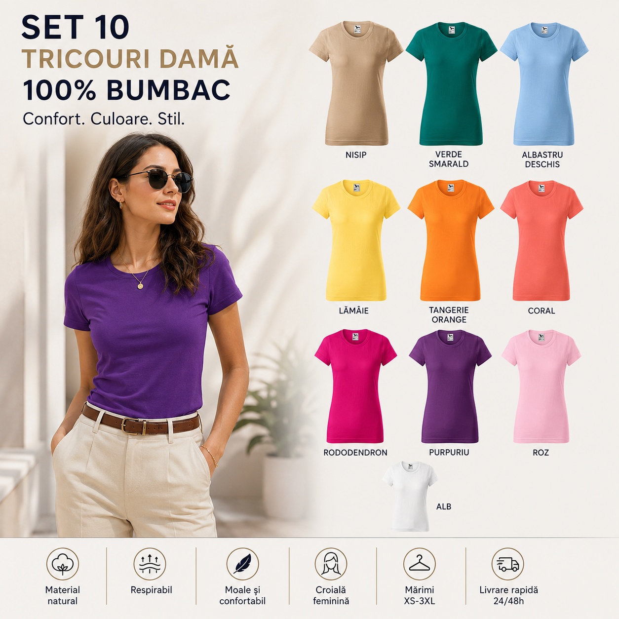 Set 10 tricouri damă 100% bumbac - culori disponibile