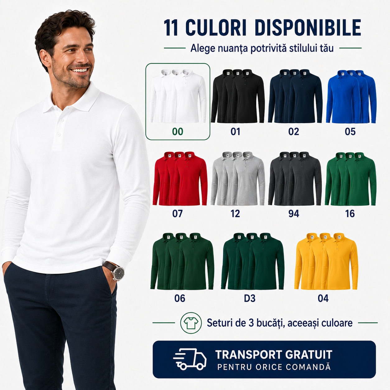 Set 3 bluze polo bărbat disponibile în 11 culori