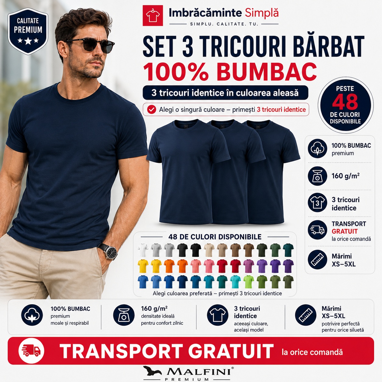 Set 3 tricouri bărbat 100% bumbac, 160 g/m&sup2;, 48 culori disponibile, transport gratuit și mărimi XS&ndash;5XL