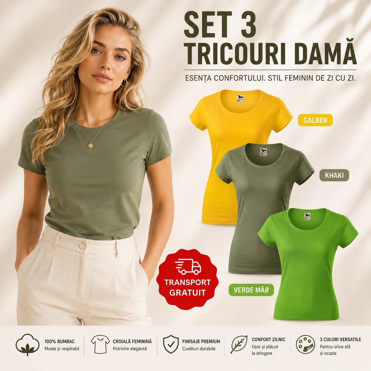 Set 3 tricouri damă simple 100% bumbac galben khaki verde măr transport gratuit