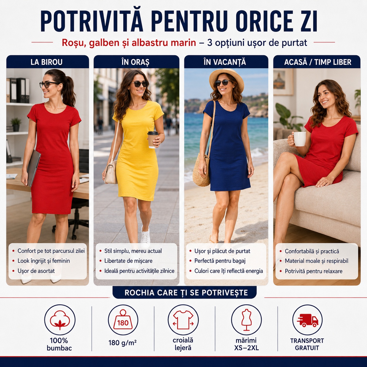 Rochie tricou damă pentru birou, oraș, vacanță și timp liber, roșu, galben, albastru marin
