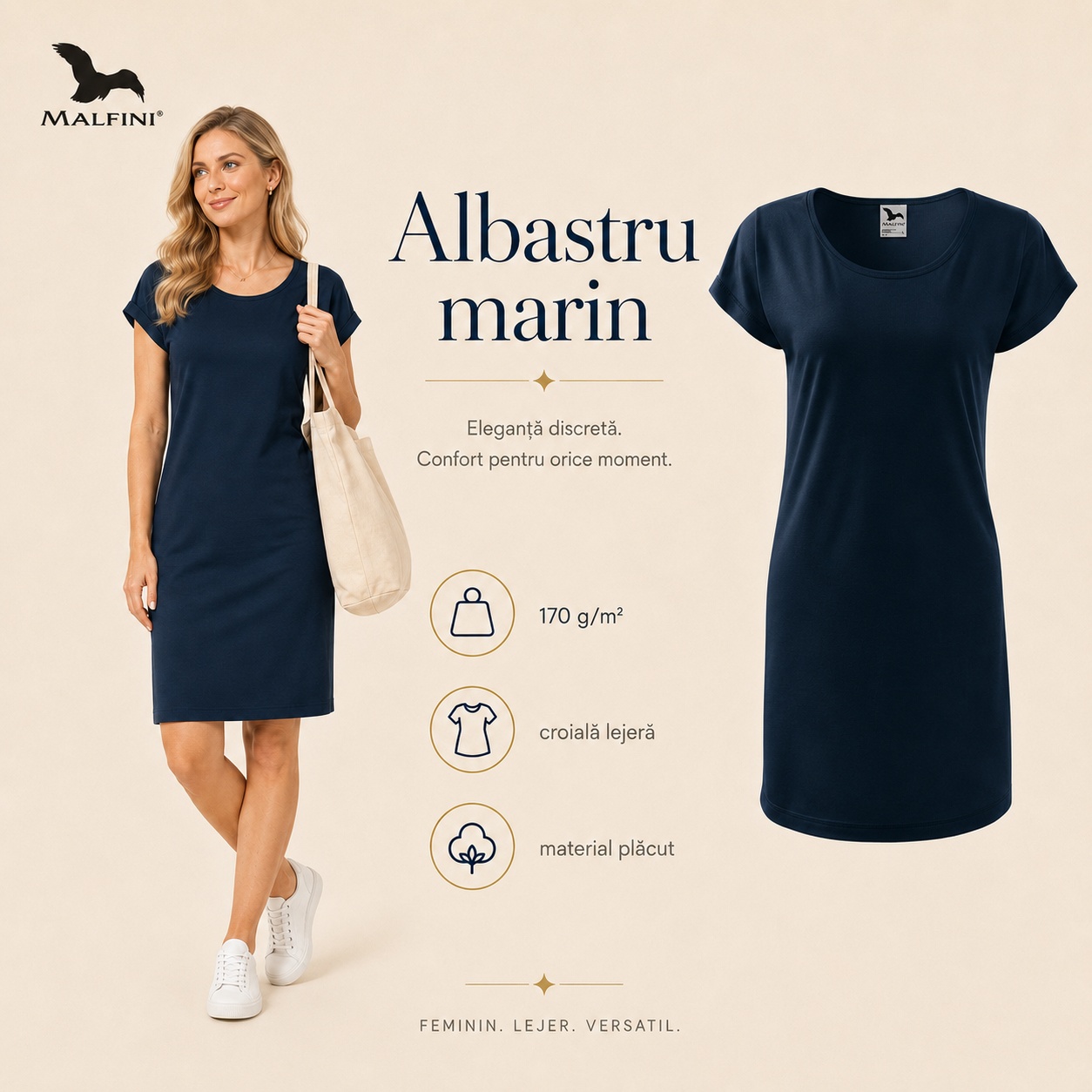 Tricou lung damă albastru marin Malfini Love 123 eleganță discretă confort zilnic