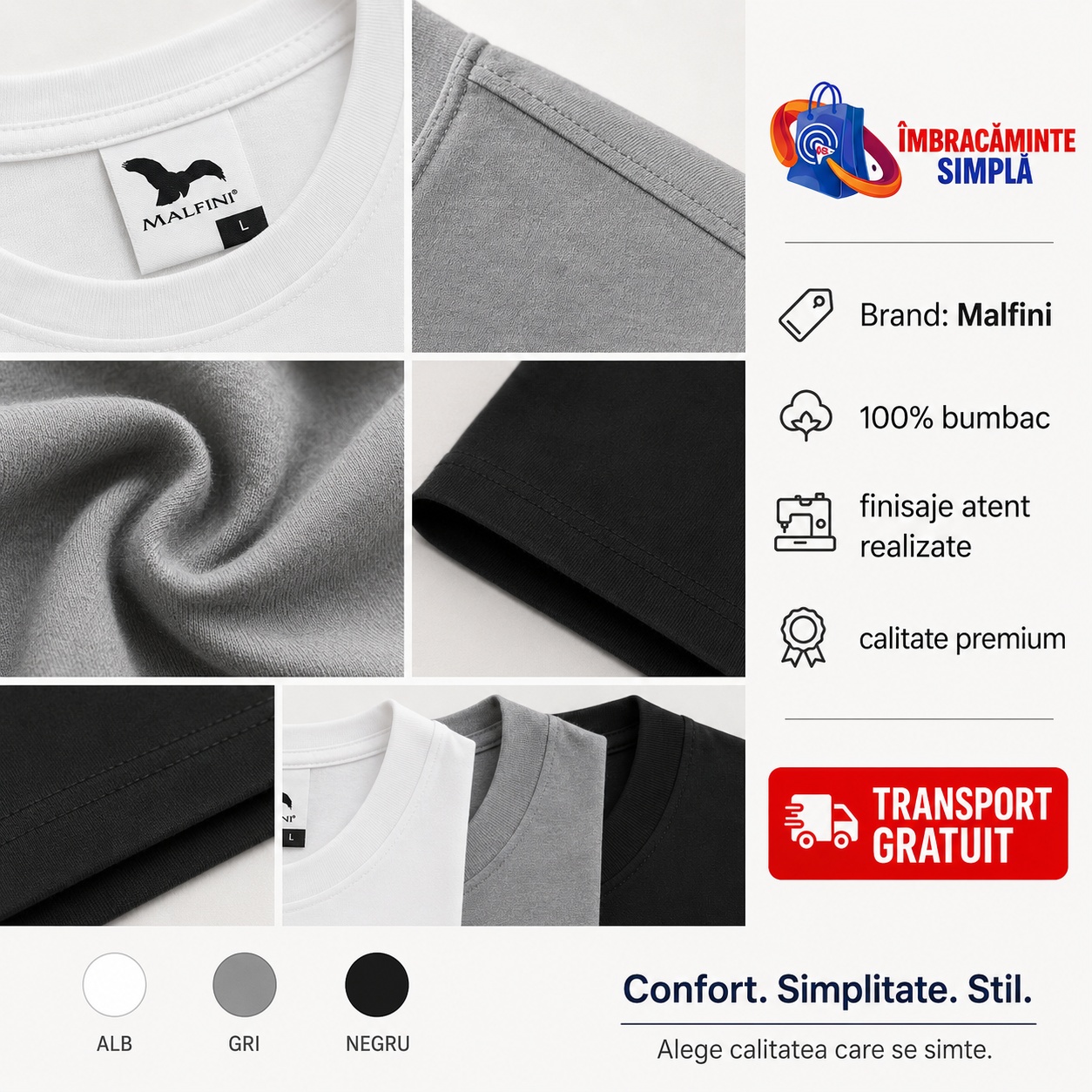 Brand Malfini - Tricouri Bărbați 100% Bumbac Brand Malfini tricouri bărbați 100% bumbac finisaje atent realizate alb gri negru