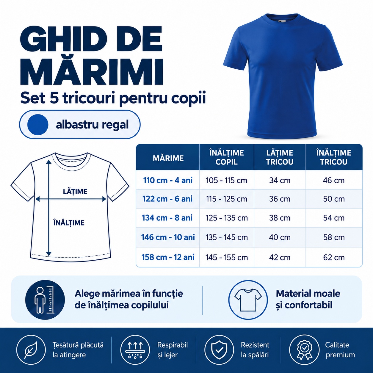 Tricouri copii Albastru Regal pentru băiat și fată