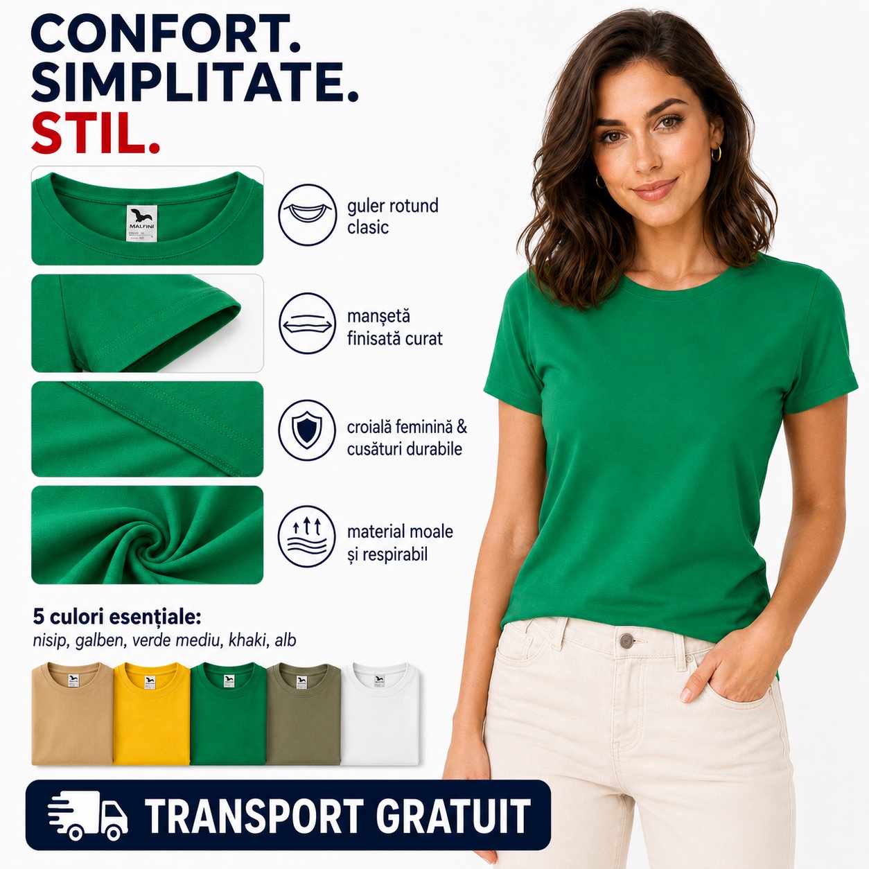 Detalii tricou damă verde mediu guler rotund cusături durabile material moale respirabil