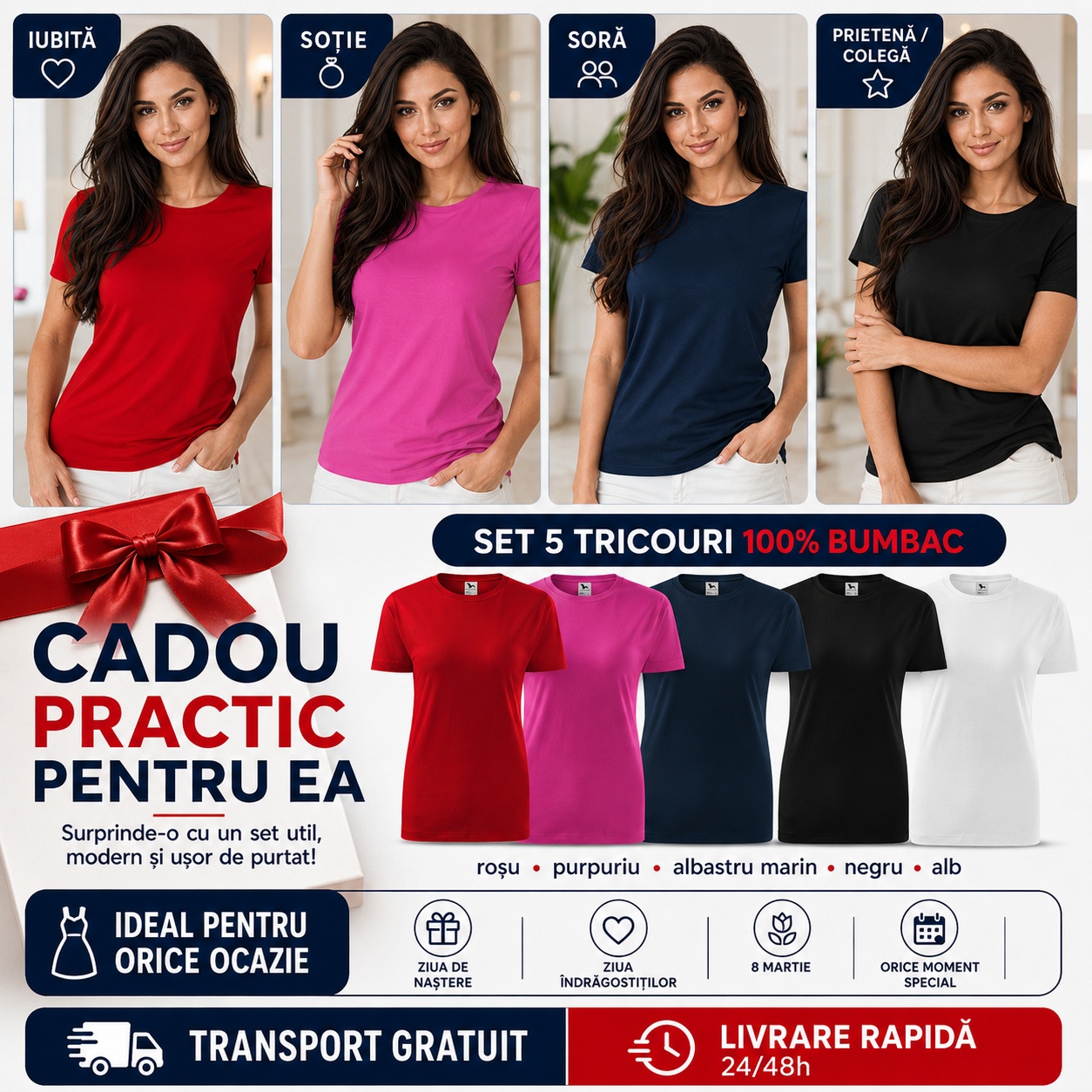 Set 5 tricouri damă cadou practic pentru ea roșu purpuriu albastru marin negru alb