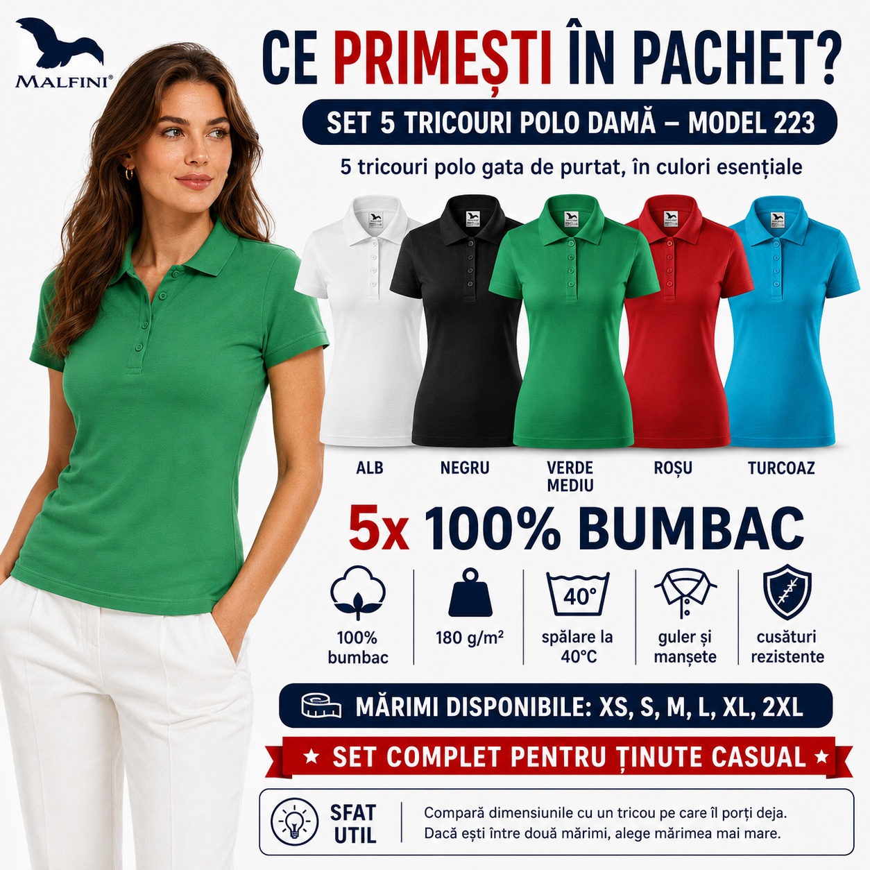 Ce primești &icirc;n pachet set 5 tricouri polo damă Malfini