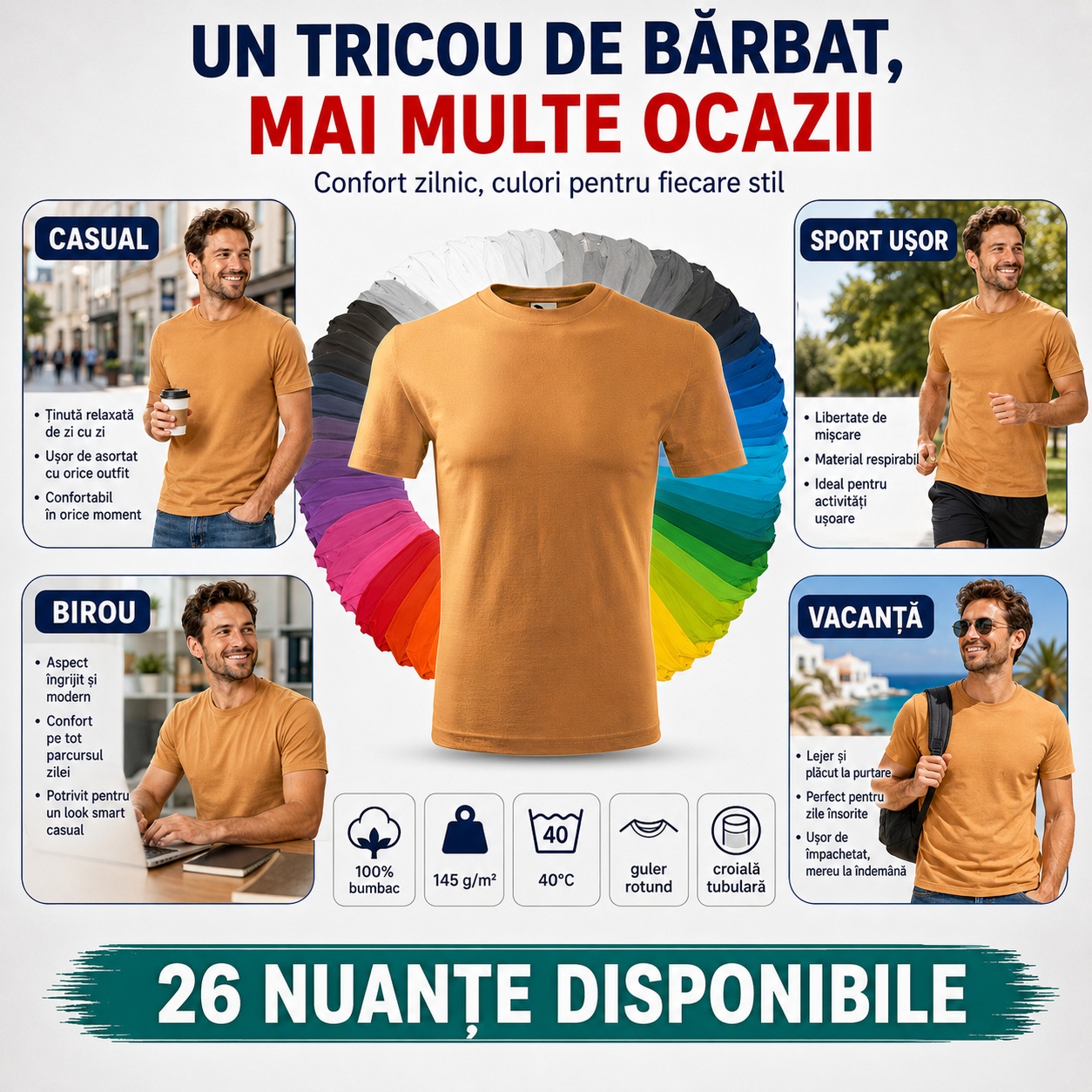Tricou Bărbat pentru Casual, Birou, Sport Ușor și Vacanță Tricou bărbat Classic Basic New pentru casual, birou, sport ușor și vacanță, 26 nuanțe disponibile