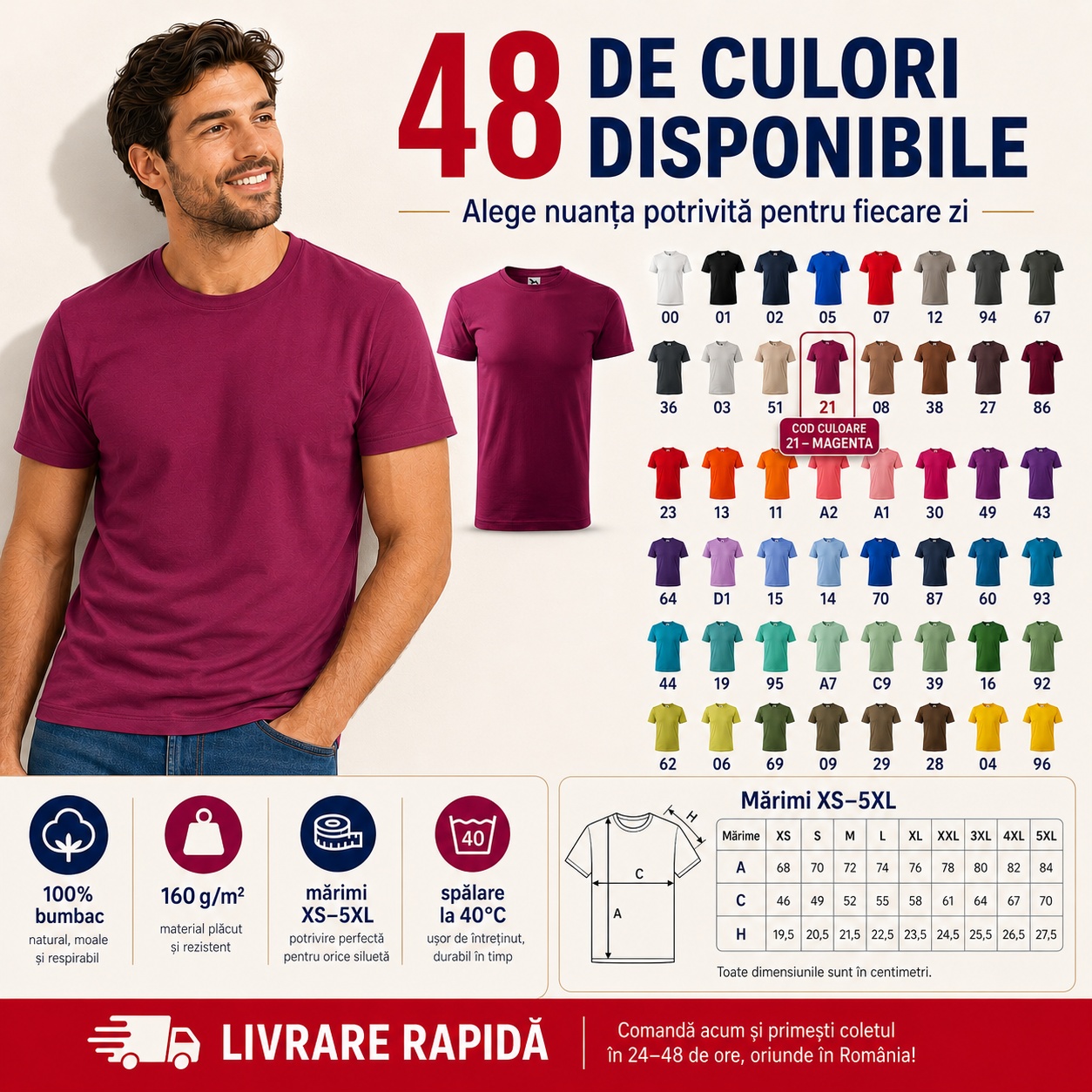 Tricou bărbat simplu 48 de culori disponibile, cod culoare 21 magenta, 100% bumbac, 160 g/m&sup2; și ghid rapid de mărimi