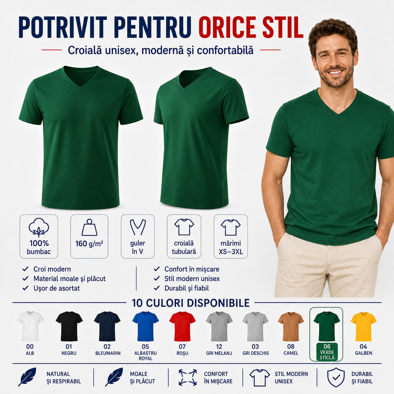 Tricou bărbat potrivit pentru orice stil Tricou bărbat unisex cu guler în V potrivit pentru stil casual