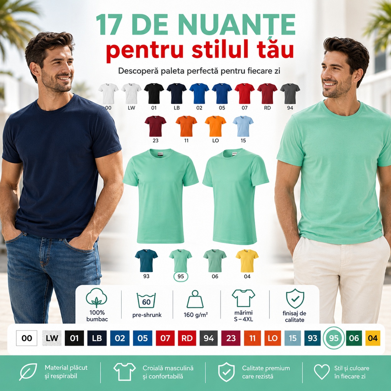 Tricou bărbați 100% bumbac, 17 nuanțe pentru stilul tău